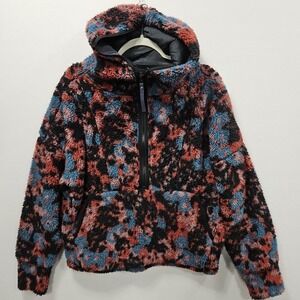 PrAna Sherpa Fleece Hoodie Jacket Womens M Pink Black Blue Deep Pile 1/2 Zip